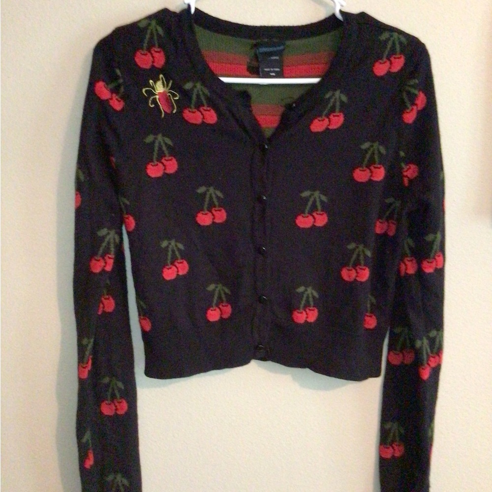 Cherry Patterned Black V-Neck Sweater - image 1